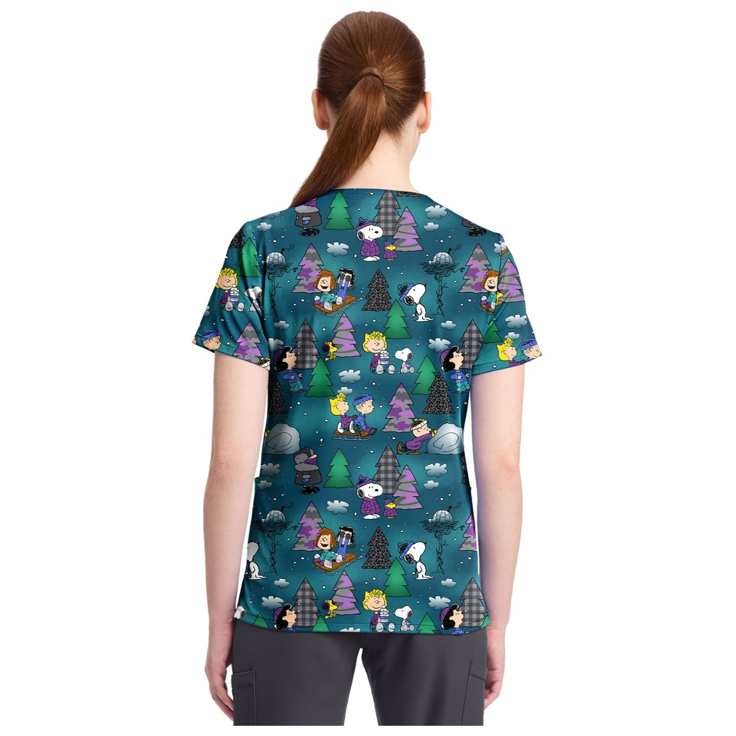TF796 Tooniforms 2 Pocket V-Neck Print Top by Cherokee - Winter Forest