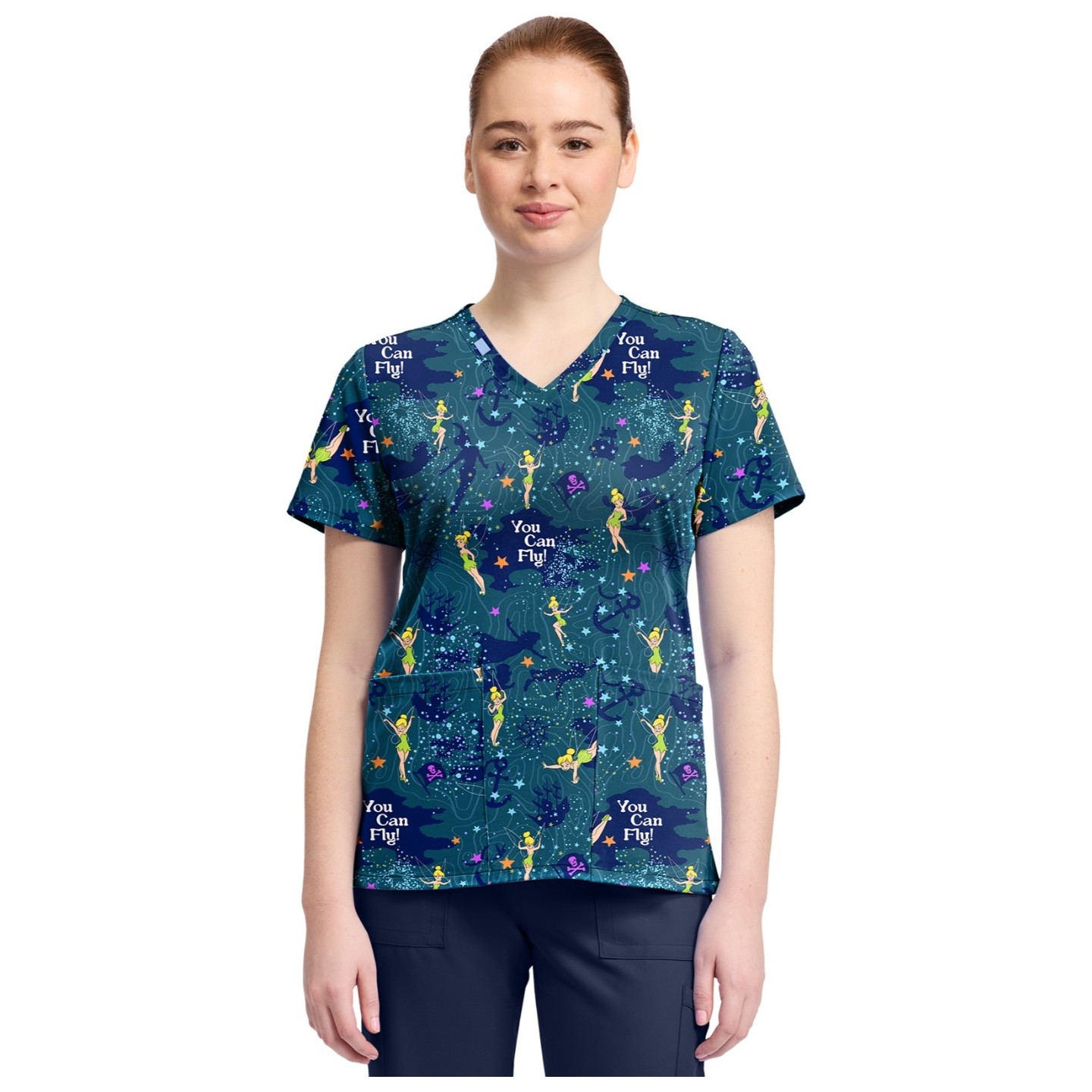TF796 Tooniforms 2 Pocket V-Neck Print Top by Cherokee - Tinker Bell Flight