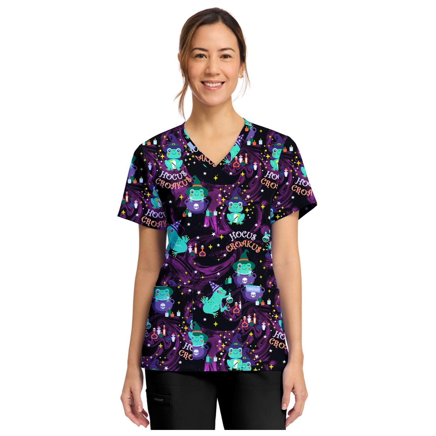 CK856 V-Neck 2 Pocket Print Top by Cherokee - Hocus Croakus