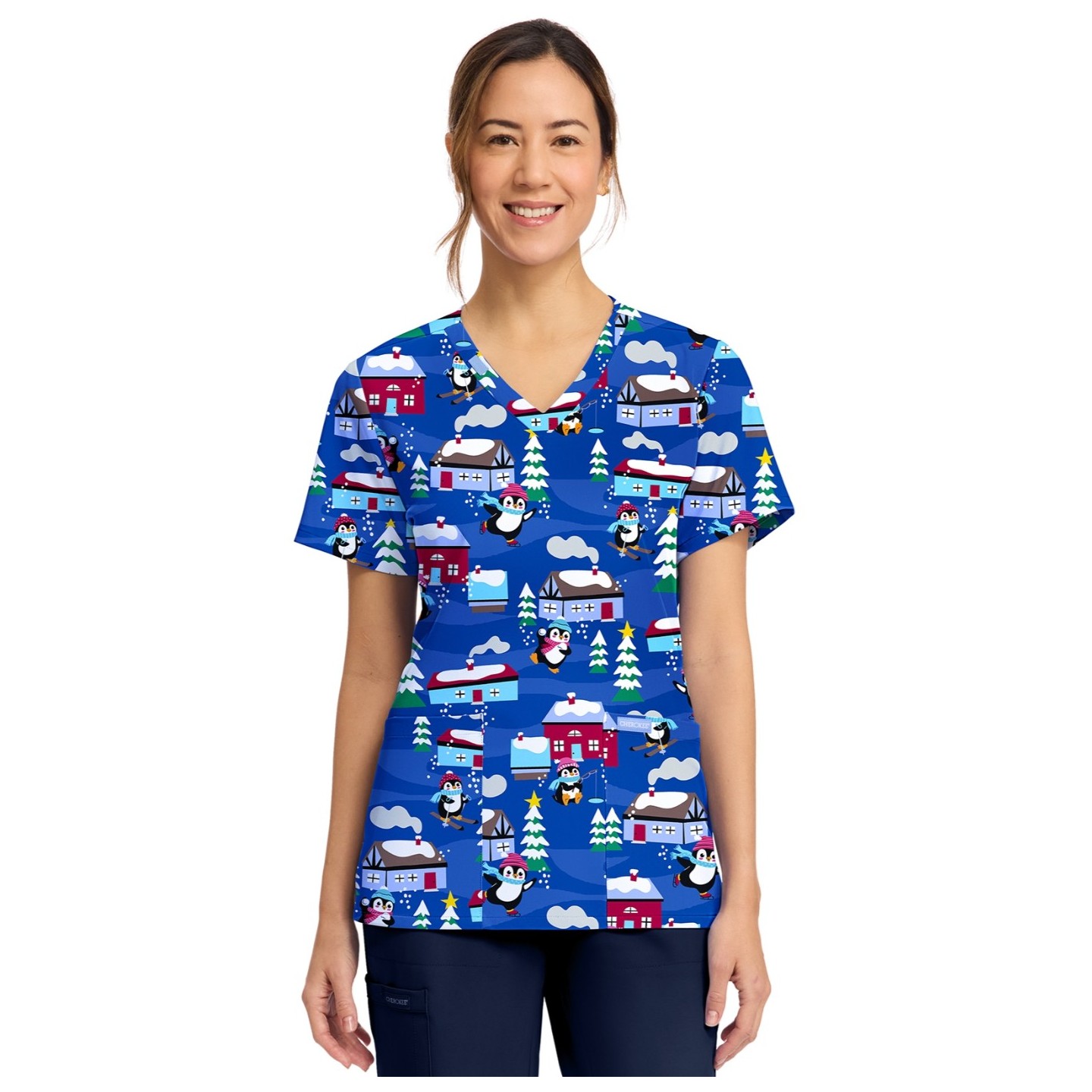 CK856 V-Neck 2 Pocket Print Top by Cherokee - Playing Penguins