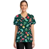 CK856 V-Neck 2 Pocket Print Top by Cherokee - Waiting for Santa
