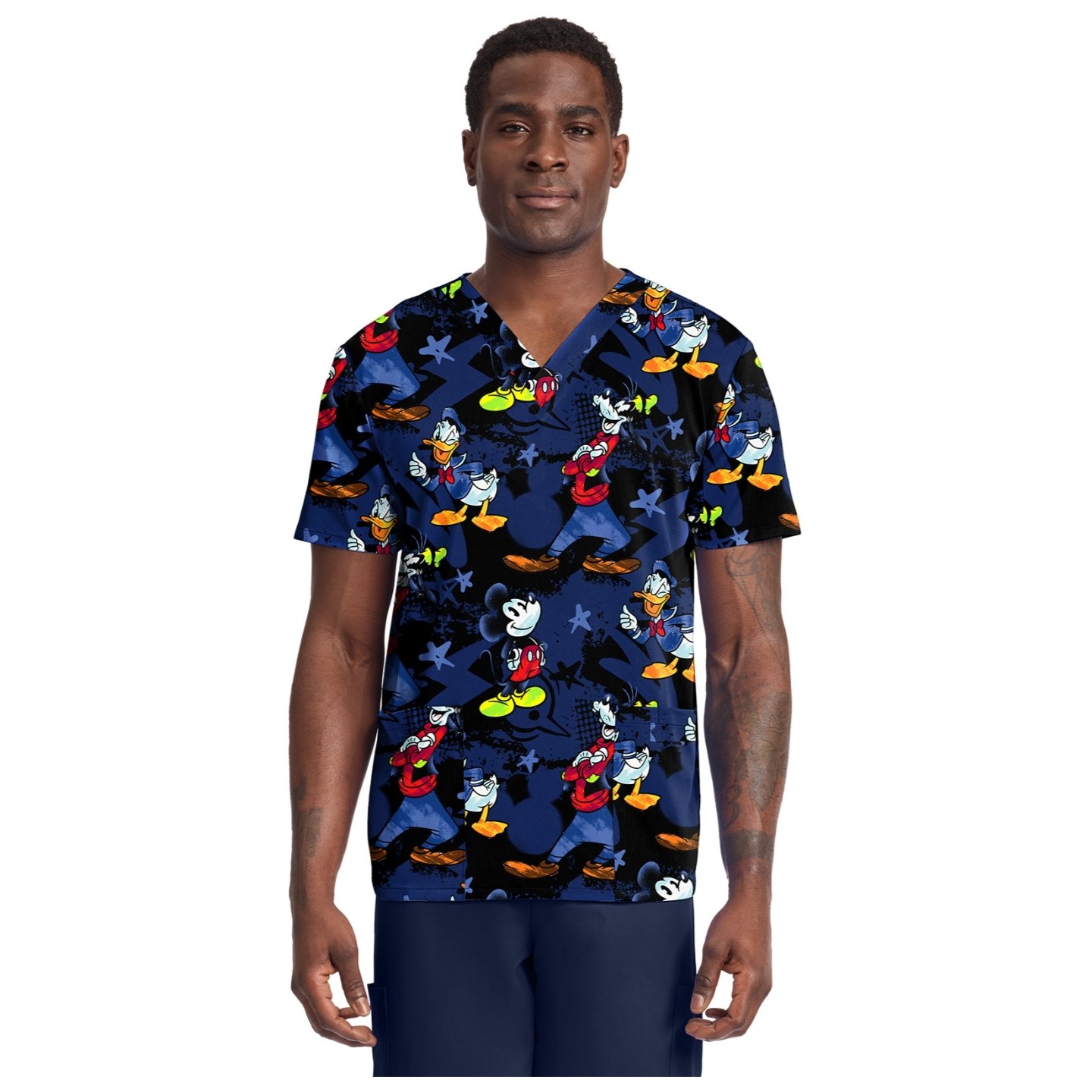 TF788 Tooniforms Men's Print 2 Pocket V-Neck Top by Cherokee Uniforms - Mickey Bro Time