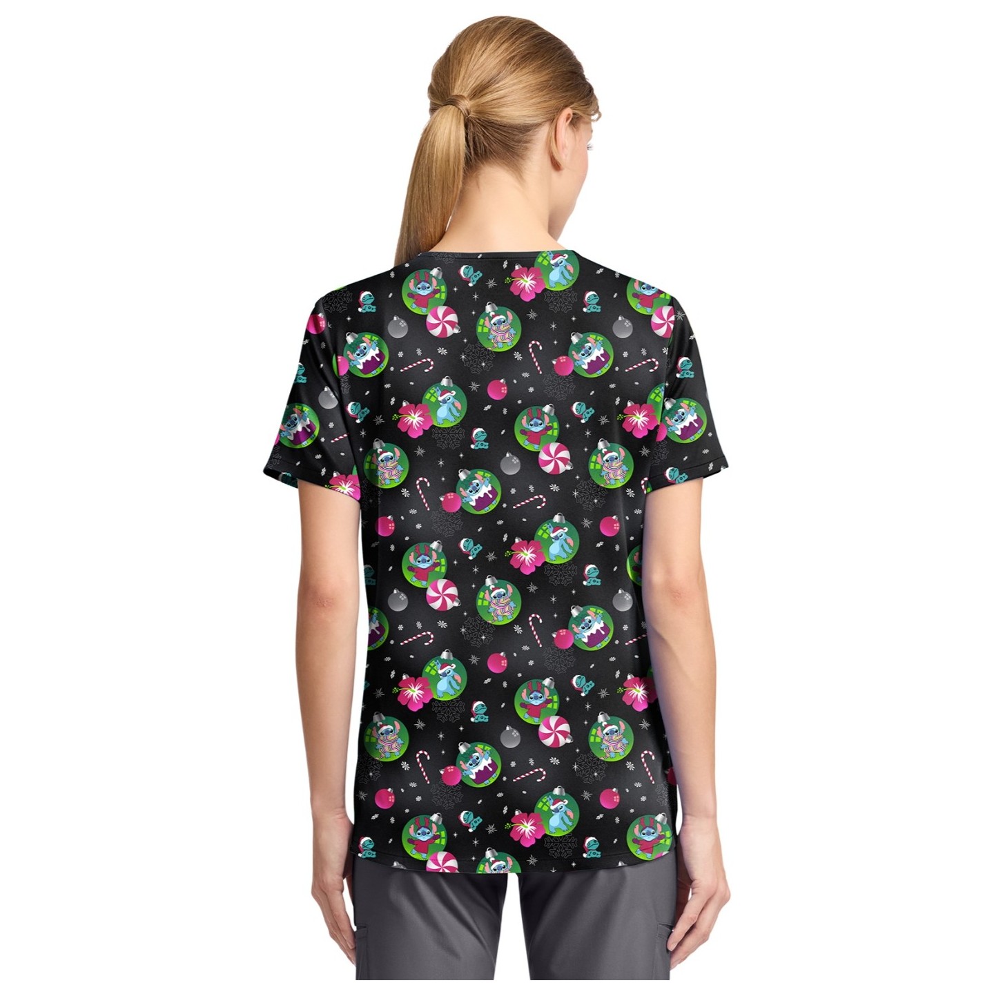 TF797 Tooniforms Tuckable Print Top with Chest Pocket by Cherokee - Baubles and Bulbs