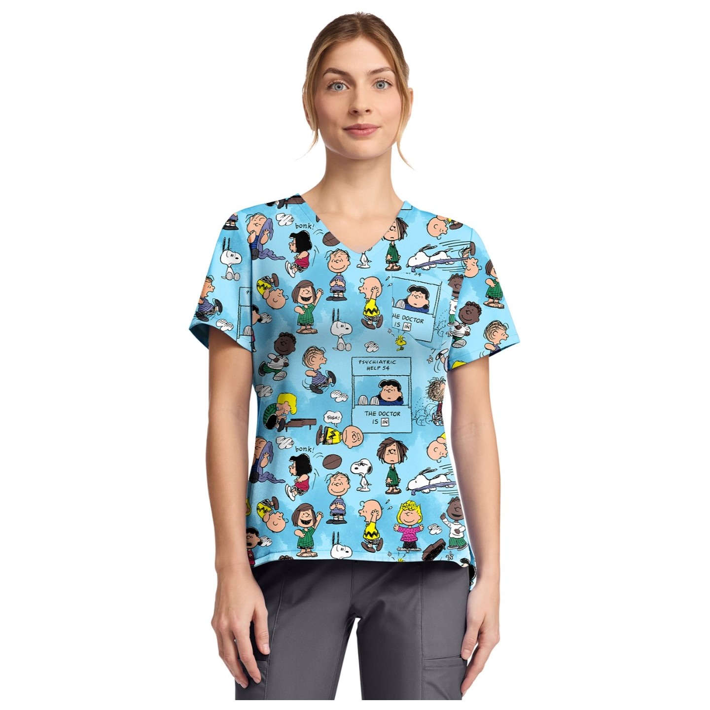 TF797 Tooniforms Tuckable Print Top with Chest Pocket by Cherokee - Goodness and Grief