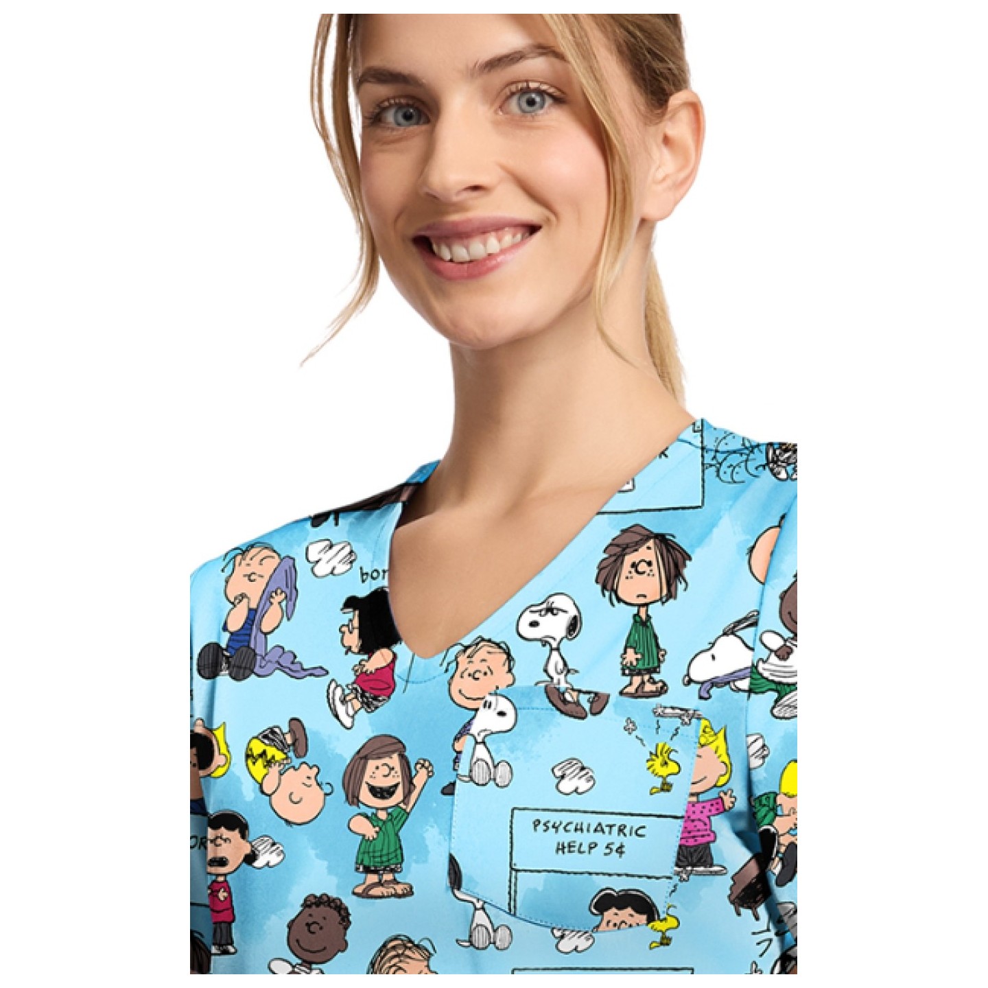 TF797 Tooniforms Tuckable Print Top with Chest Pocket by Cherokee - Goodness and Grief