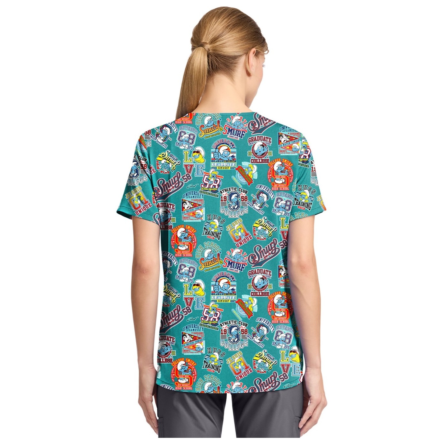 TF797 Tooniforms Tuckable Print Top with Chest Pocket by Cherokee - Collegiate Smurfs