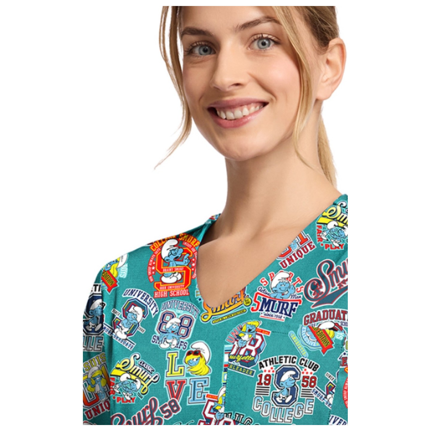 TF797 Tooniforms Tuckable Print Top with Chest Pocket by Cherokee - Collegiate Smurfs