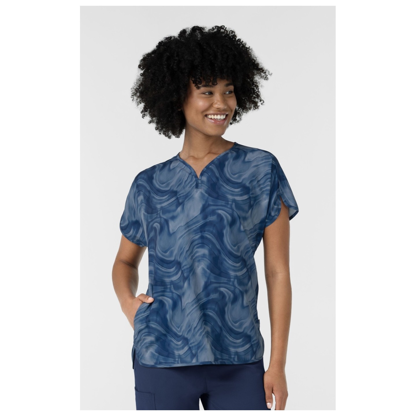 6267 WINK Dolman Y-Neck Print Scrub Top - Dreamy Daze Navy Tonal