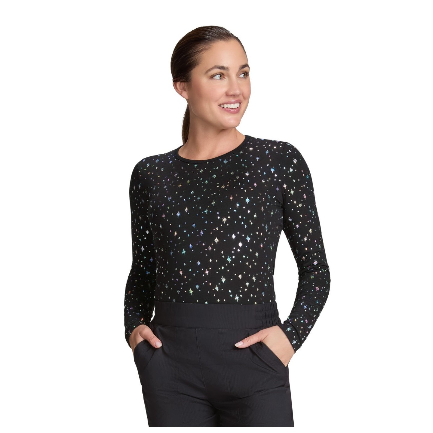 167PR Tessa Long Sleeve Underscrub Tee by koi - Black Iridescent Twinkle Pattern