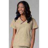 1026 Maevn CORE - Y-Neck Mock Wrap Top - Khaki/Wine