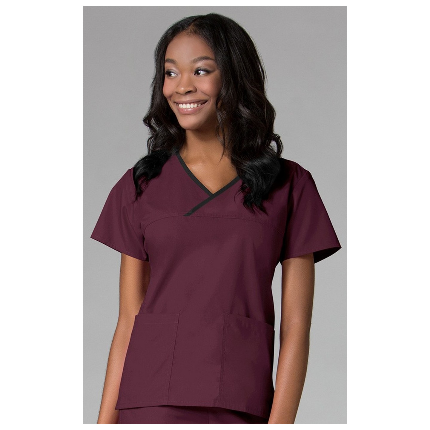 1026 Maevn CORE - Y-Neck Mock Wrap Top - Wine/Black