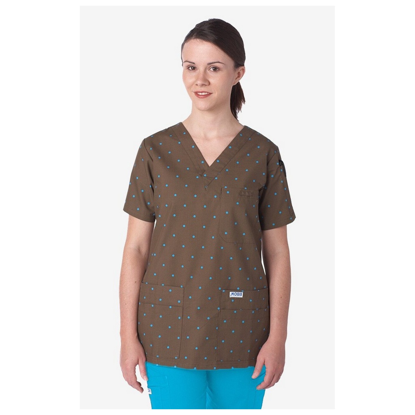 320T Brown Polka Dot MOBB V-Neck Print Scrub Top