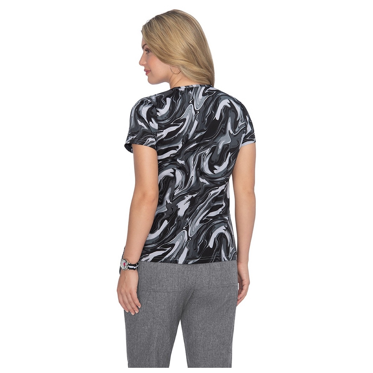 384PR koi Basics Leslie Print Top - Heather Grey Platinum All Over Marble