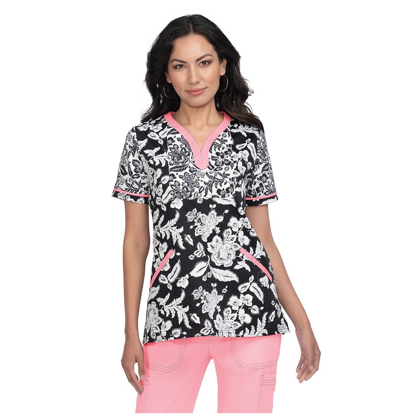 1054PR koi Stretch Lennon Print Top - WoodBlock Floral
