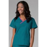 1026 Maevn CORE - Y-Neck Mock Wrap Top - Teal/Hot Pink